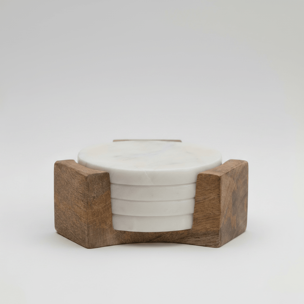 Bloomingville Round Marble Coasters - Set of 4 | White Marble with Mango Wood Holder
