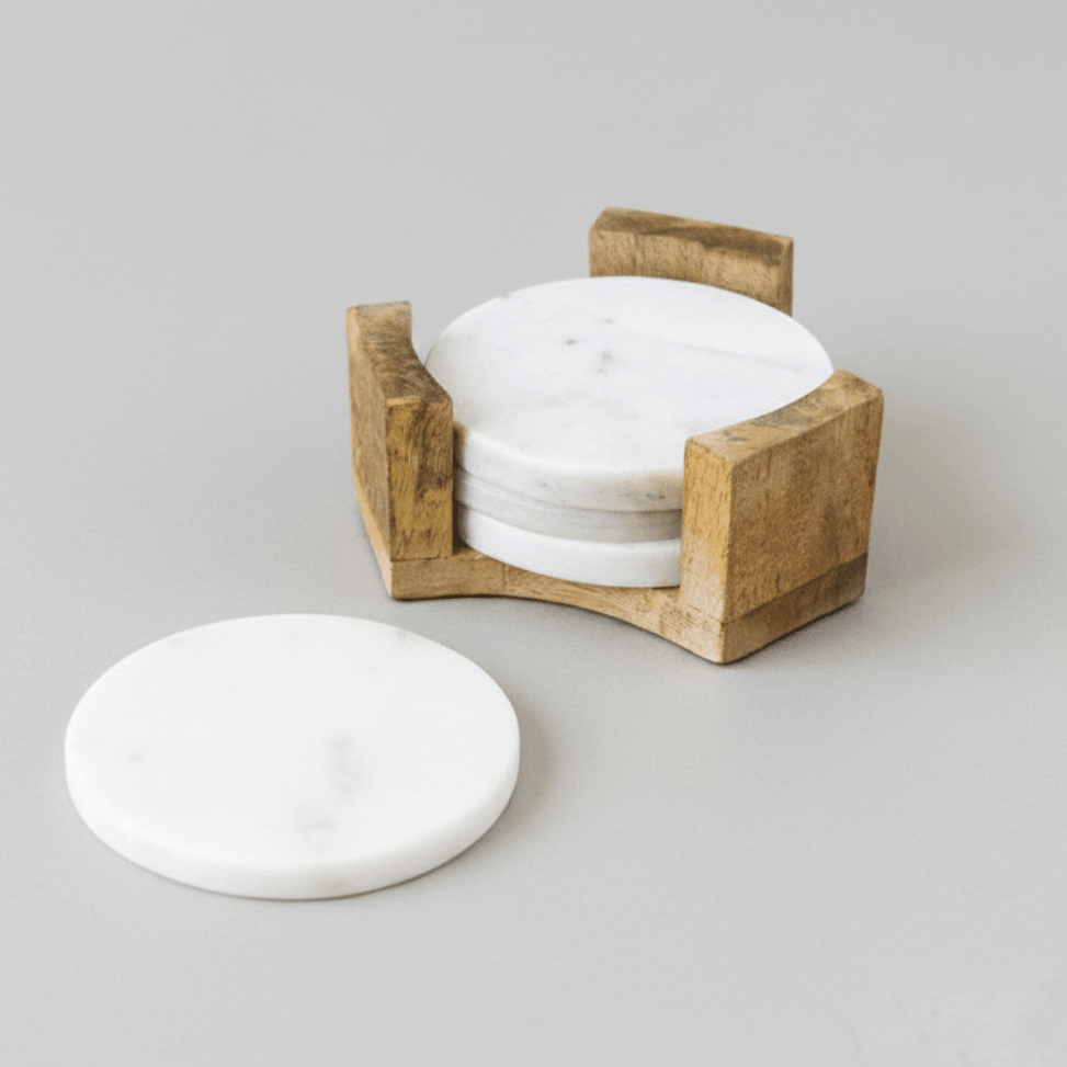 Bloomingville Round Marble Coasters - Set of 4 | White Marble with Mango Wood Holder