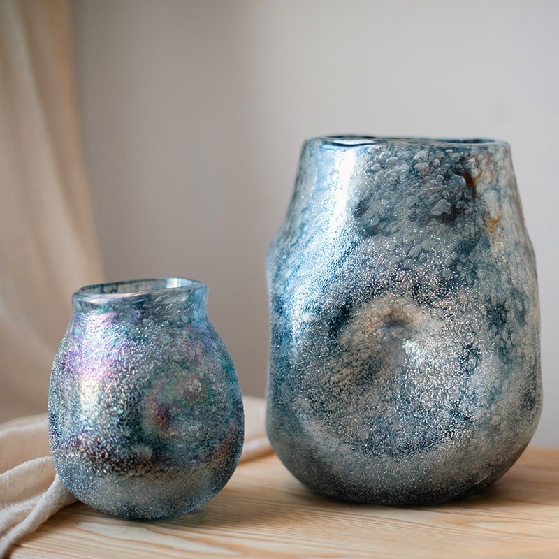 Rustic Reach Blue Bubble Handblown Glass Vase