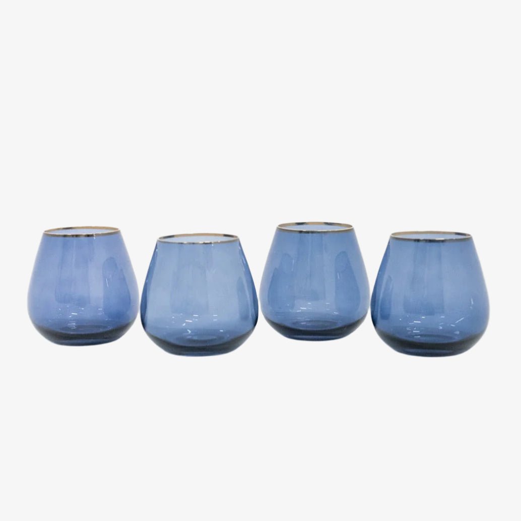 borrowed BLU Siren Stemless Wine Glasses - Atlantic Blue with Gold Rim - Set of 4