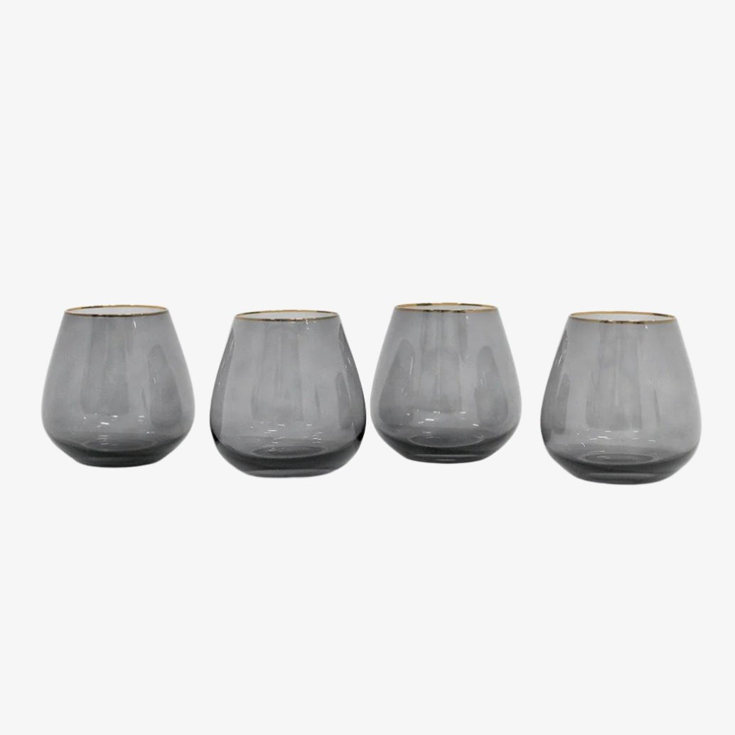 borrowed BLU Siren Stemless Wine Glasses - Charcoal with Gold Rim - Set of 4