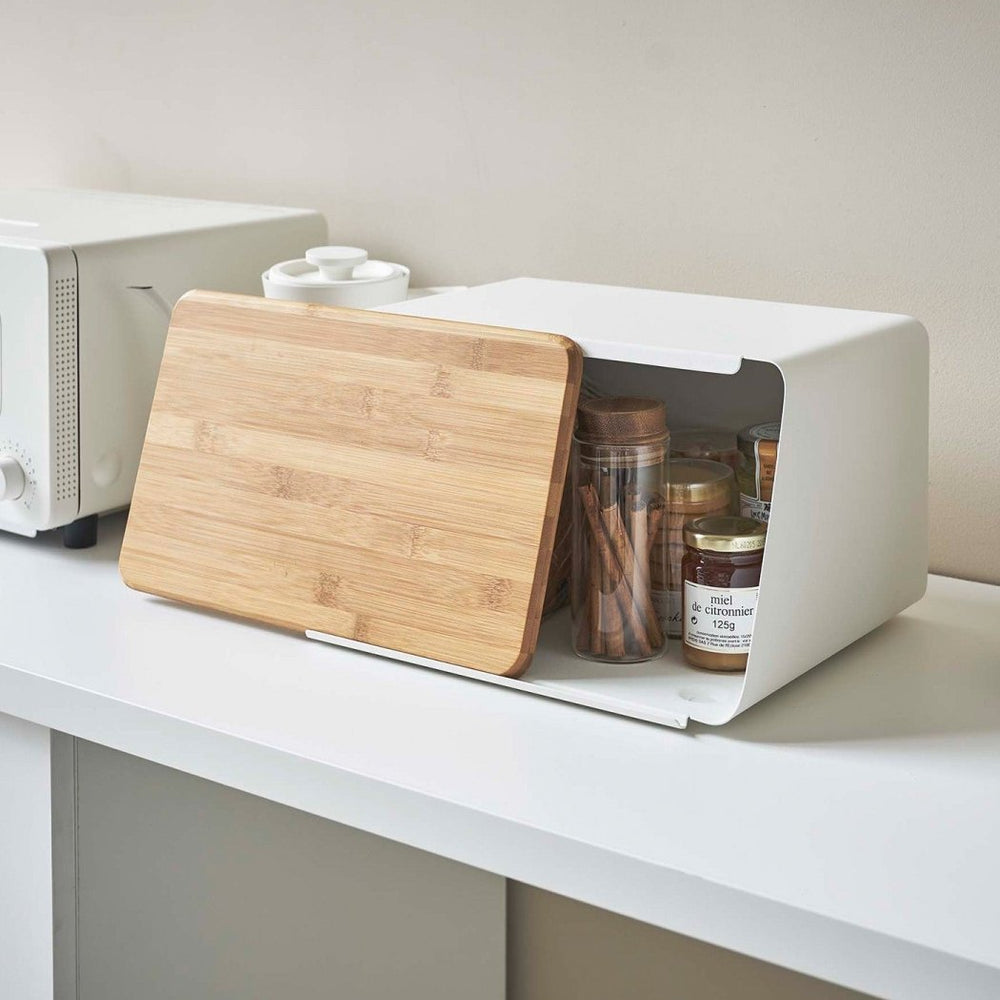 Yamazaki Home Bread Box with Cutting Board Lid - Steel + Wood - lily & onyx