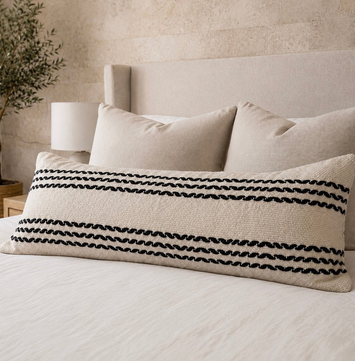 Busa Designs Amalfi Oversized Lumbar Pillow Cover 14x36" | Creamy Beige & Black Stripes