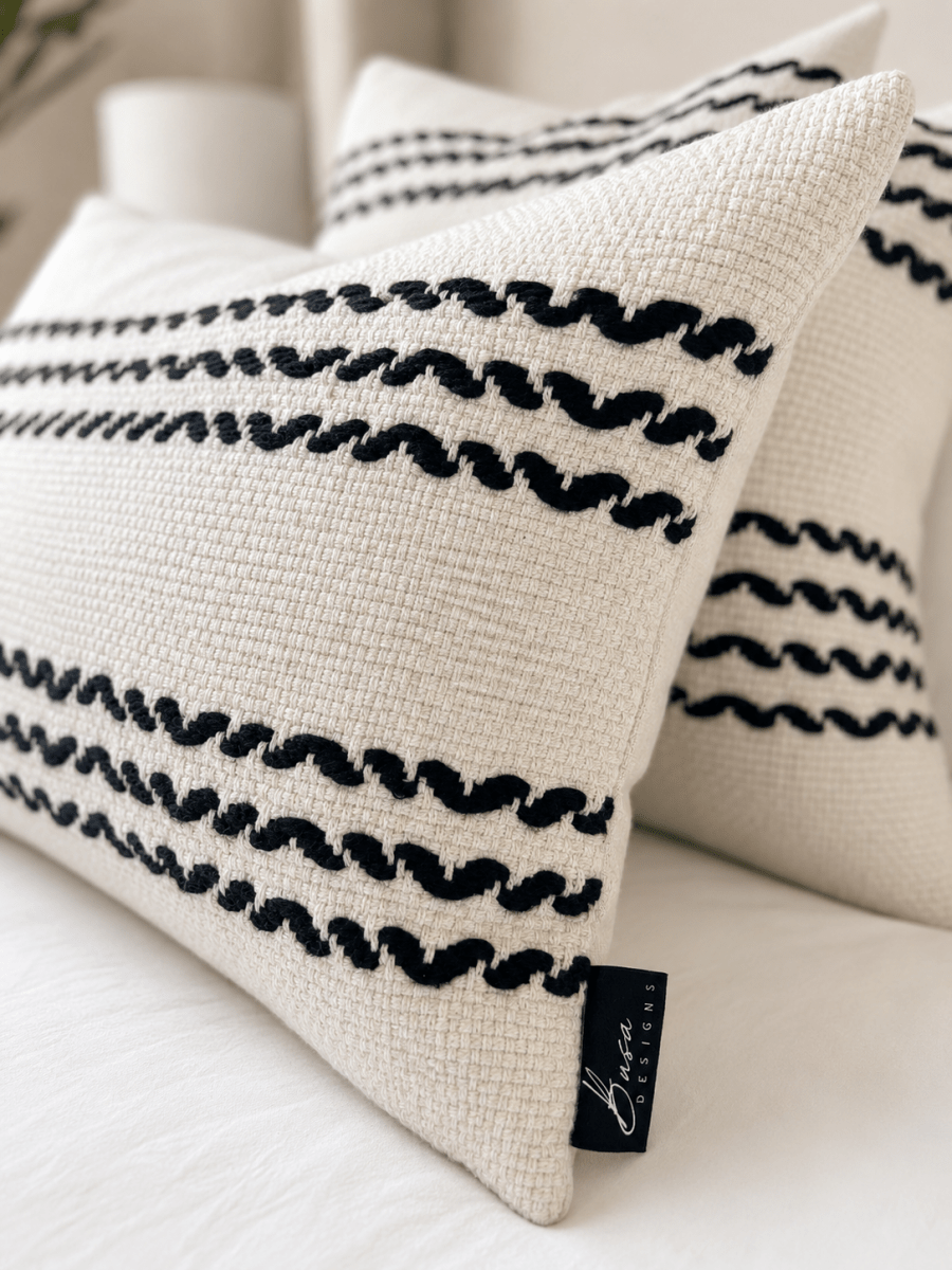 Busa Designs Amalfi Oversized Lumbar Pillow Cover 14x36" | Creamy Beige & Black Stripes