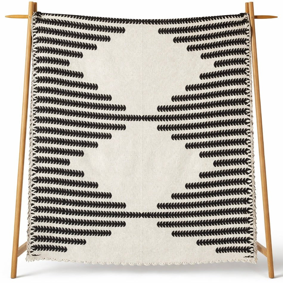 Busa Designs Amira Black & Cream Bohemian Chenille Throw Blanket with Fringe