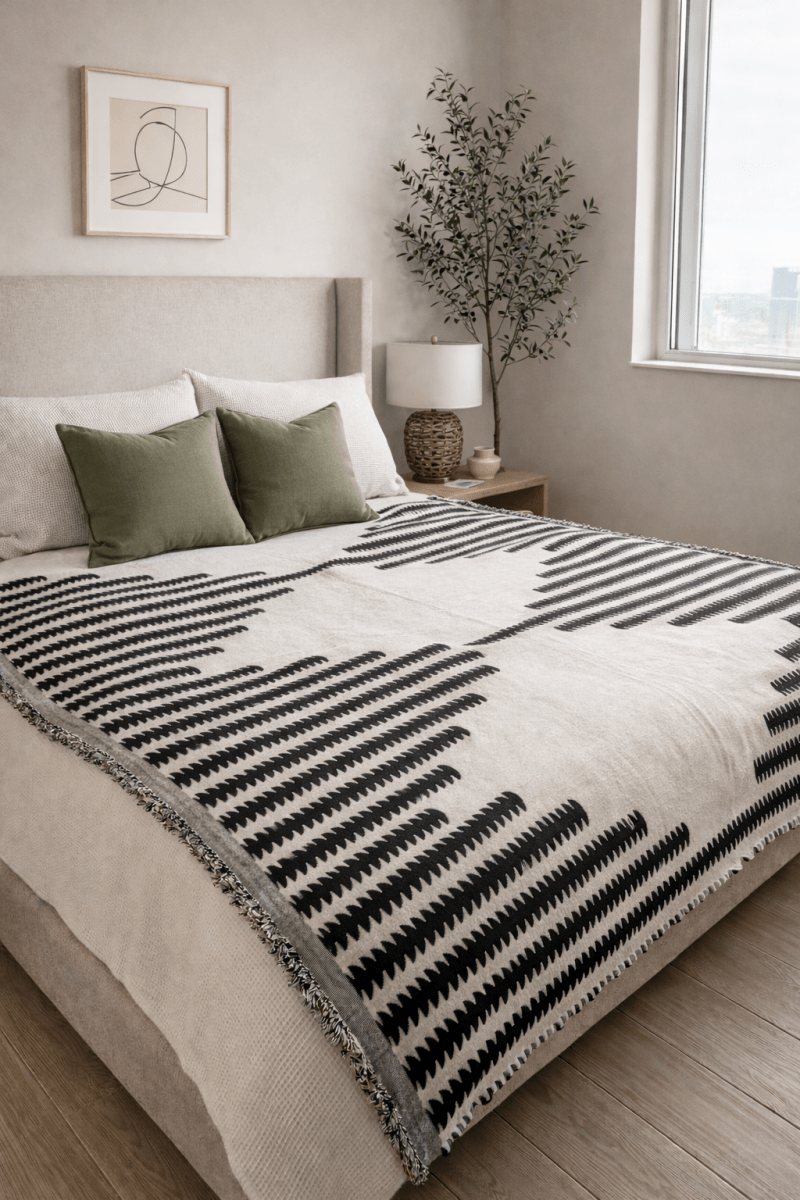 Busa Designs Amira Black & Cream Bohemian Chenille Throw Blanket with Fringe