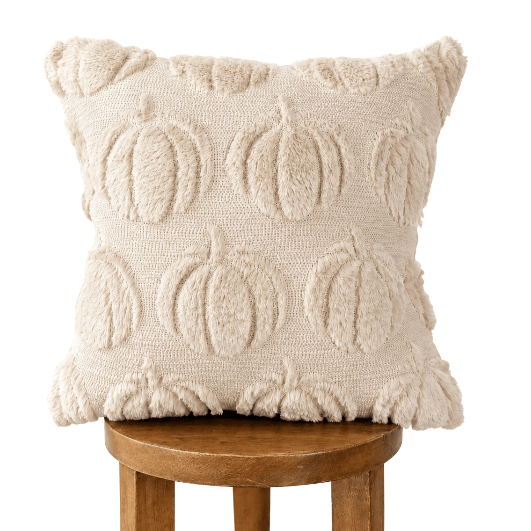 Busa Designs Beige Faux Fur Pumpkin Throw Pillow Cover, 18x18" | Cozy Fall Decor