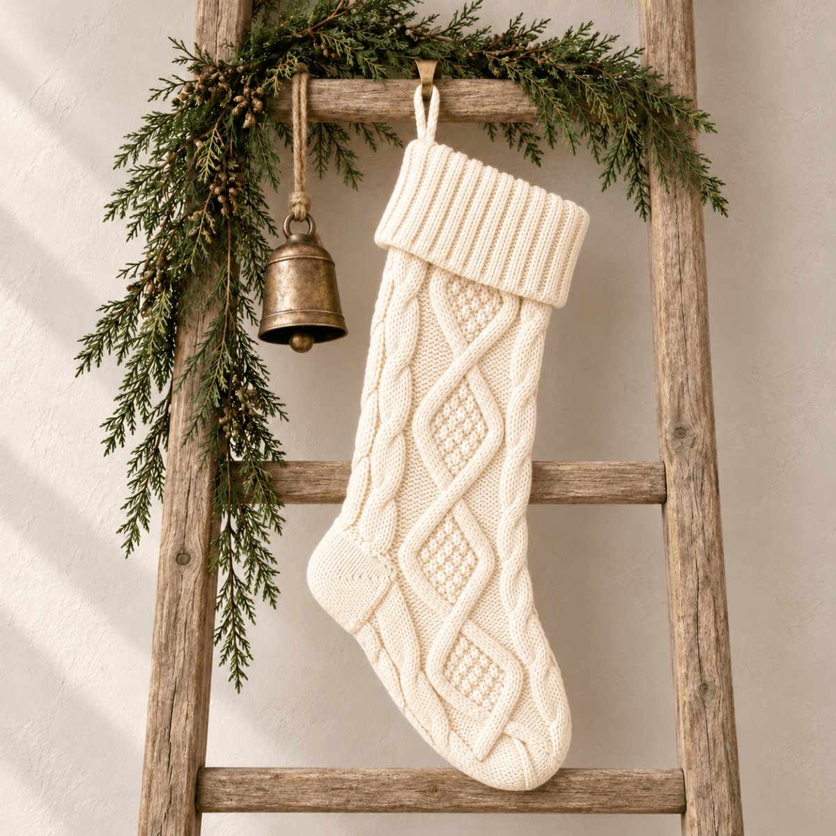Busa Designs Cream Diamond-Knitted Christmas Stocking, 18"