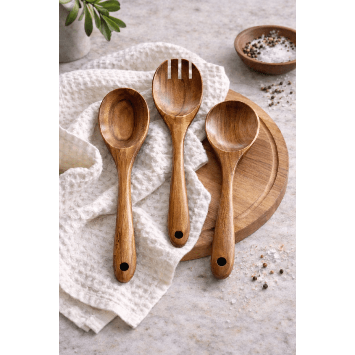 Busa Designs Handcrafted Teak Wood Spoon Set - 3 - Piece Kitchen Utensil Collection