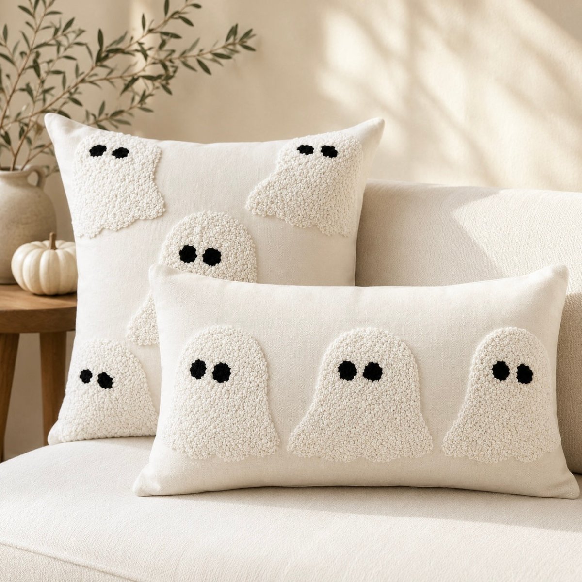 Busa Designs Ivory Tufted Ghost Lumbar Pillow Cover, 12x20" | Modern Boho Halloween Decor