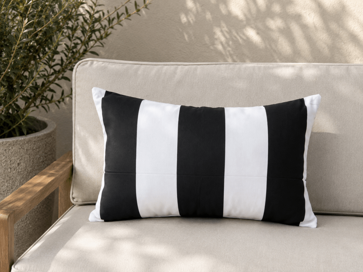 Busa Designs Monaco Striped Outdoor Lumbar Pillow Cover, 12x20" | Cream & Black