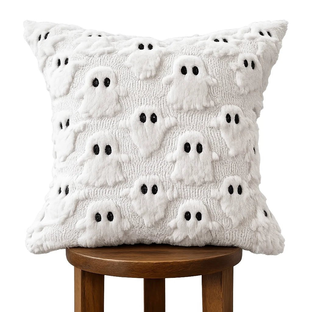 Busa Designs Spooky Ghost Faux Fur Throw Pillow Cover, 18x18" | Halloween Decor