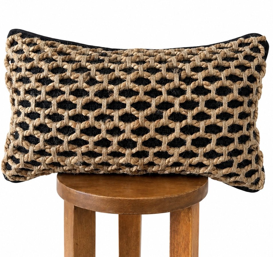 Busa Designs Tarra Jute Lumbar Pillow Cover, 12x20" | Black & Natural