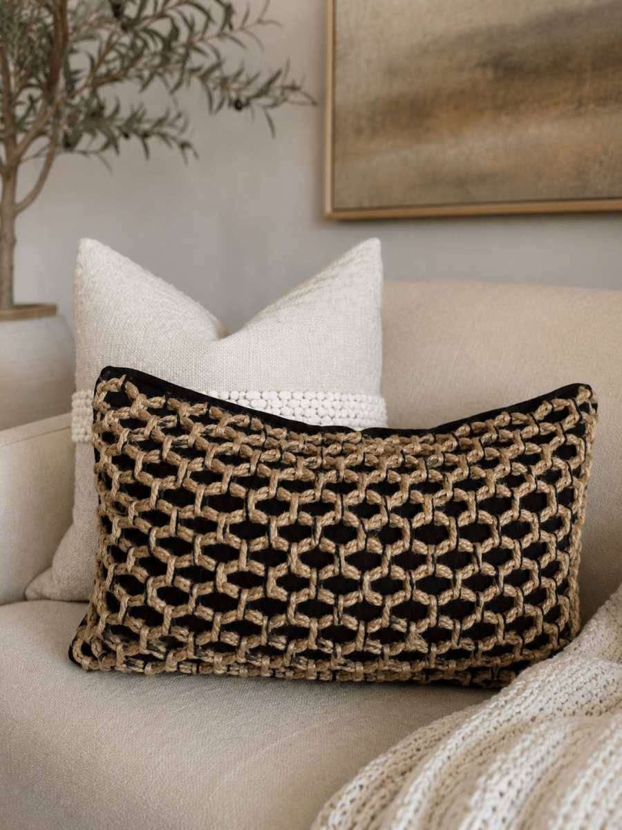 Busa Designs Tarra Jute Lumbar Pillow Cover, 12x20" | Black & Natural