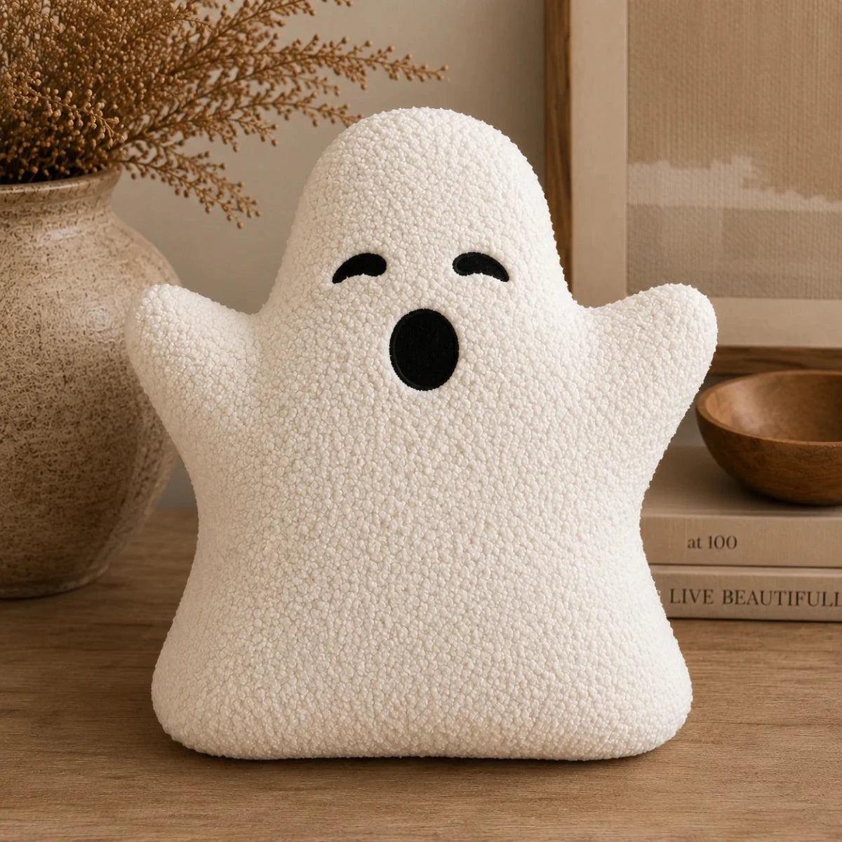 Busa Designs White Sherpa Ghost Pillow 15" | Cozy Fall & Halloween Decor
