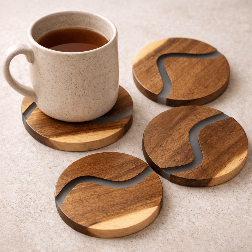 Busa Designs Wood and Resin Coasters Set of 4 - Modern Handcrafted Round