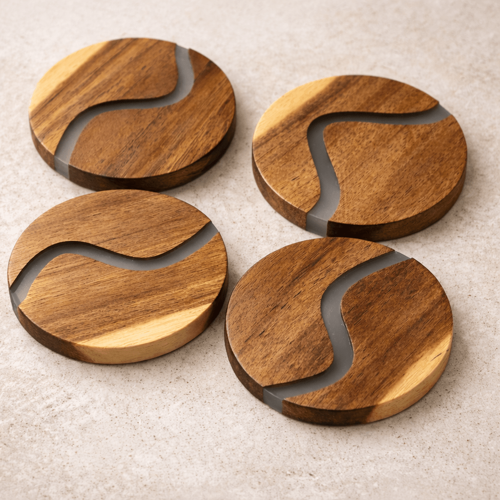 Busa Designs Wood and Resin Coasters Set of 4 - Modern Handcrafted Round