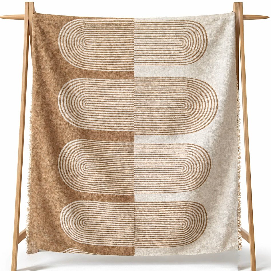 Busa Designs Zulu Tan & Cream Bohemian Chenille Throw Blanket with Fringe