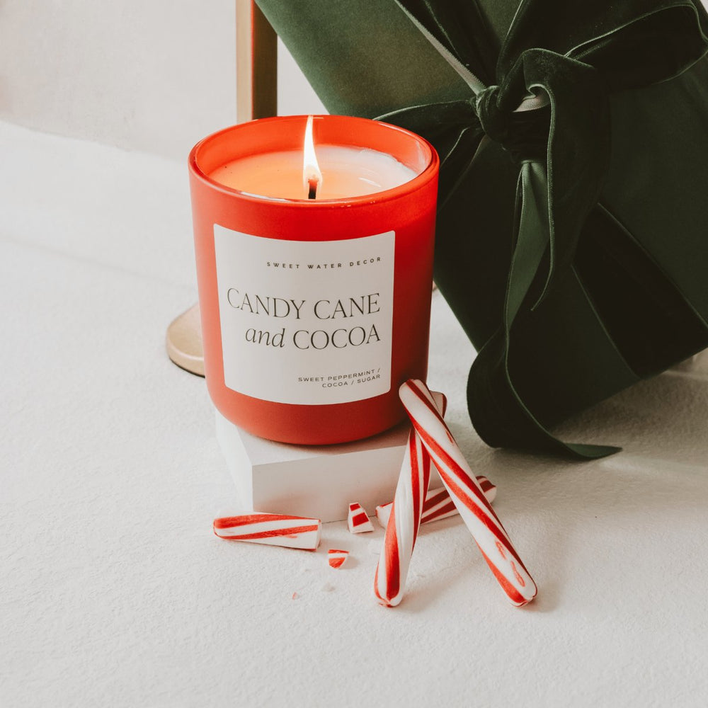 Sweet Water Decor Candy Cane and Cocoa Soy Candle - Red Matte Jar - 15 oz (Hot Cocoa and Peppermint) - lily & onyx