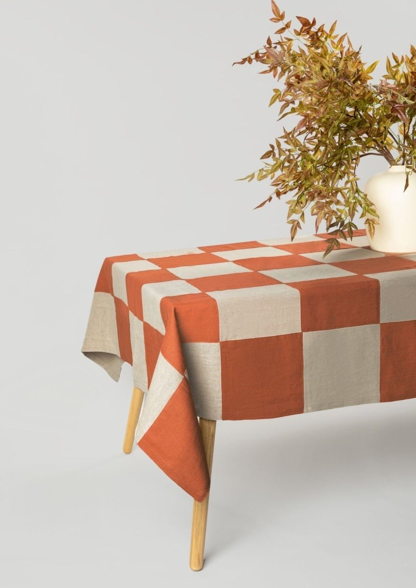 Afloral Checkered Handcrafted Linen Tablecloth, 118