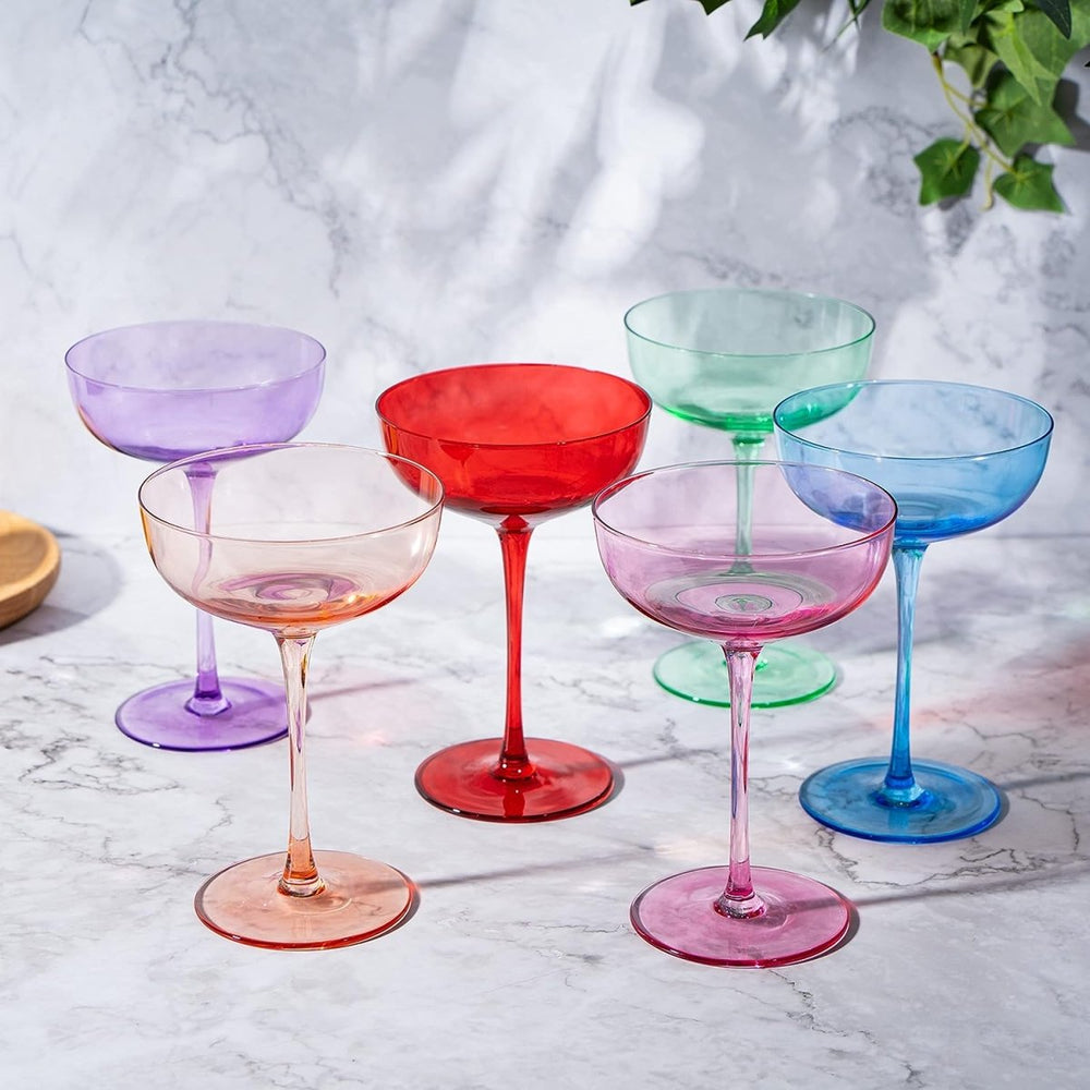 The Wine Savant Colored 7oz Mouth - Blown Coupe Glasses, Set of 6 - lily & onyx