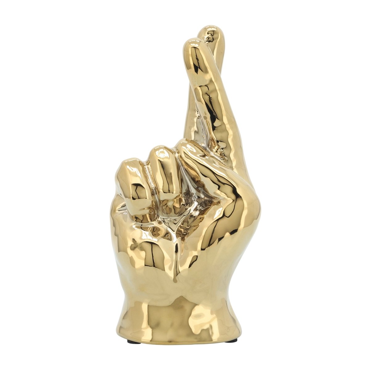 Crossed fingers hand sculpture in gold against white background