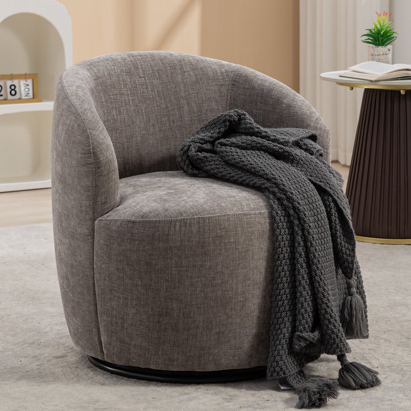Chenille Swivel Accent Barrel Armchair, Gray