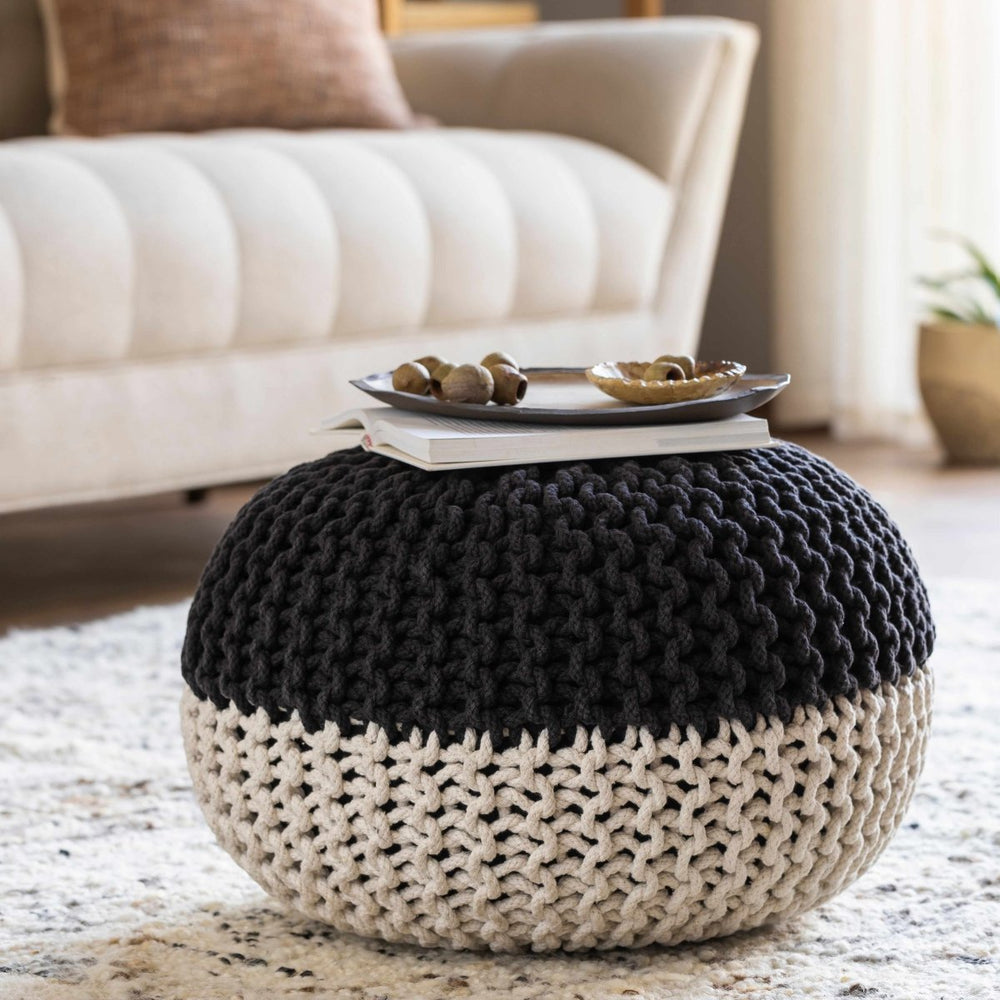 Boutique Rugs Dothan Knitted Black and Off White Pouf - lily & onyx