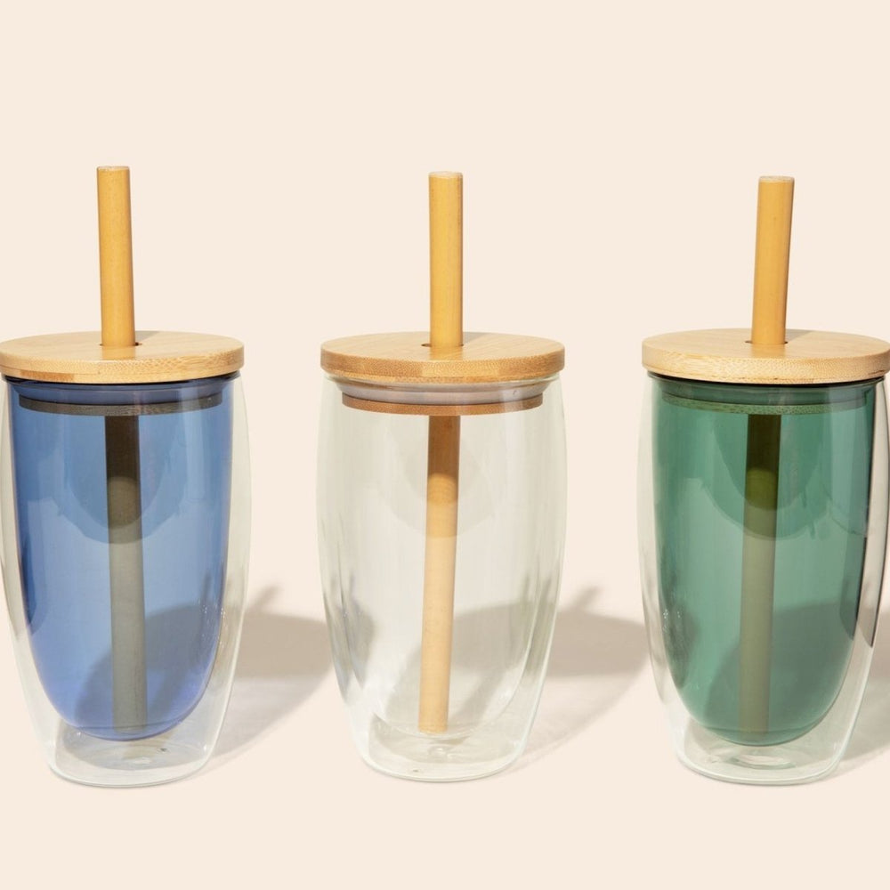 Bamboo Switch Double - Wall Glass Tumbler With Bamboo Straw & Lid - lily & onyx