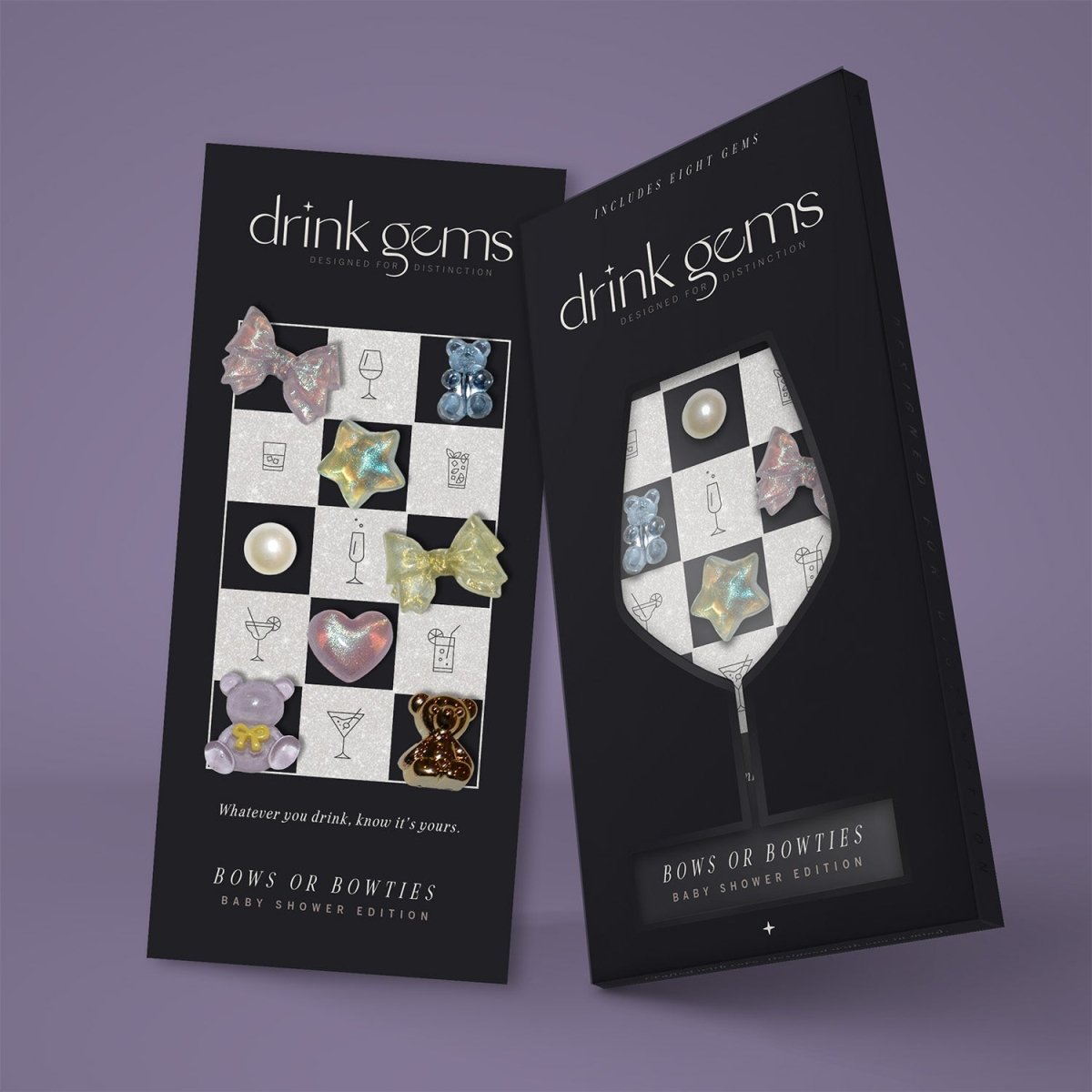 Drink Gems BOWS or BOWTIES Baby Shower Wine Glass Charms, Set of 8