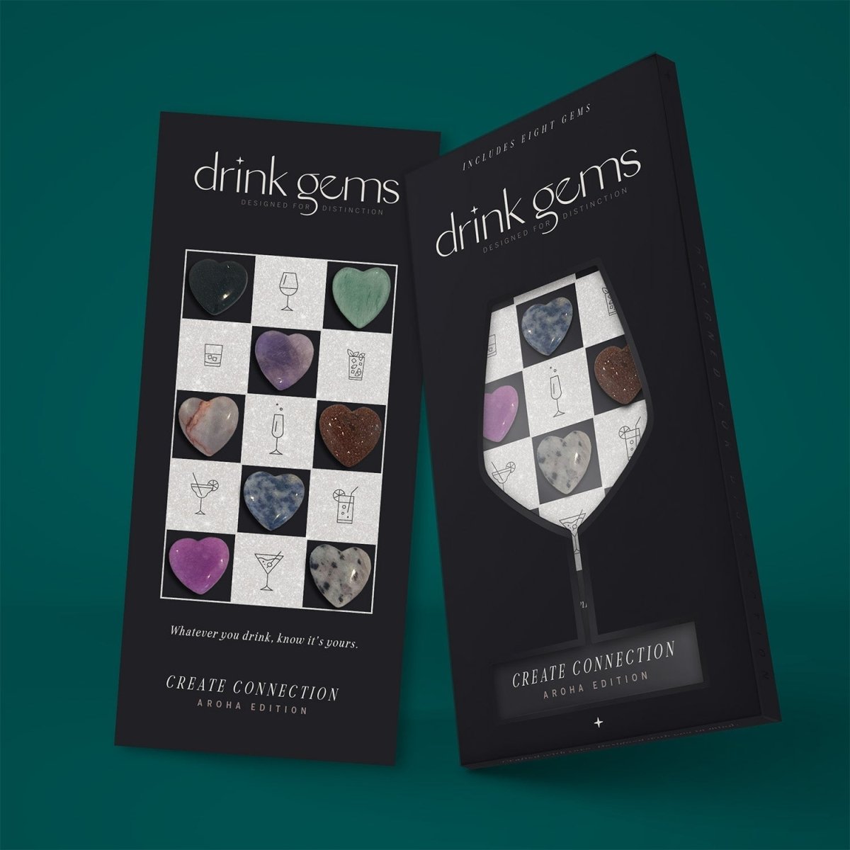 Drink Gems CREATE CONNECTION Heart-Shaped Crystal Rock Wine Glass Charms, Set of 8