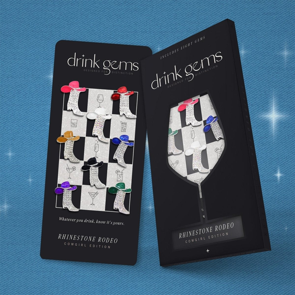 Drink Gems RHINESTONE RODEO Western Wine Glass Charms, Set of 8