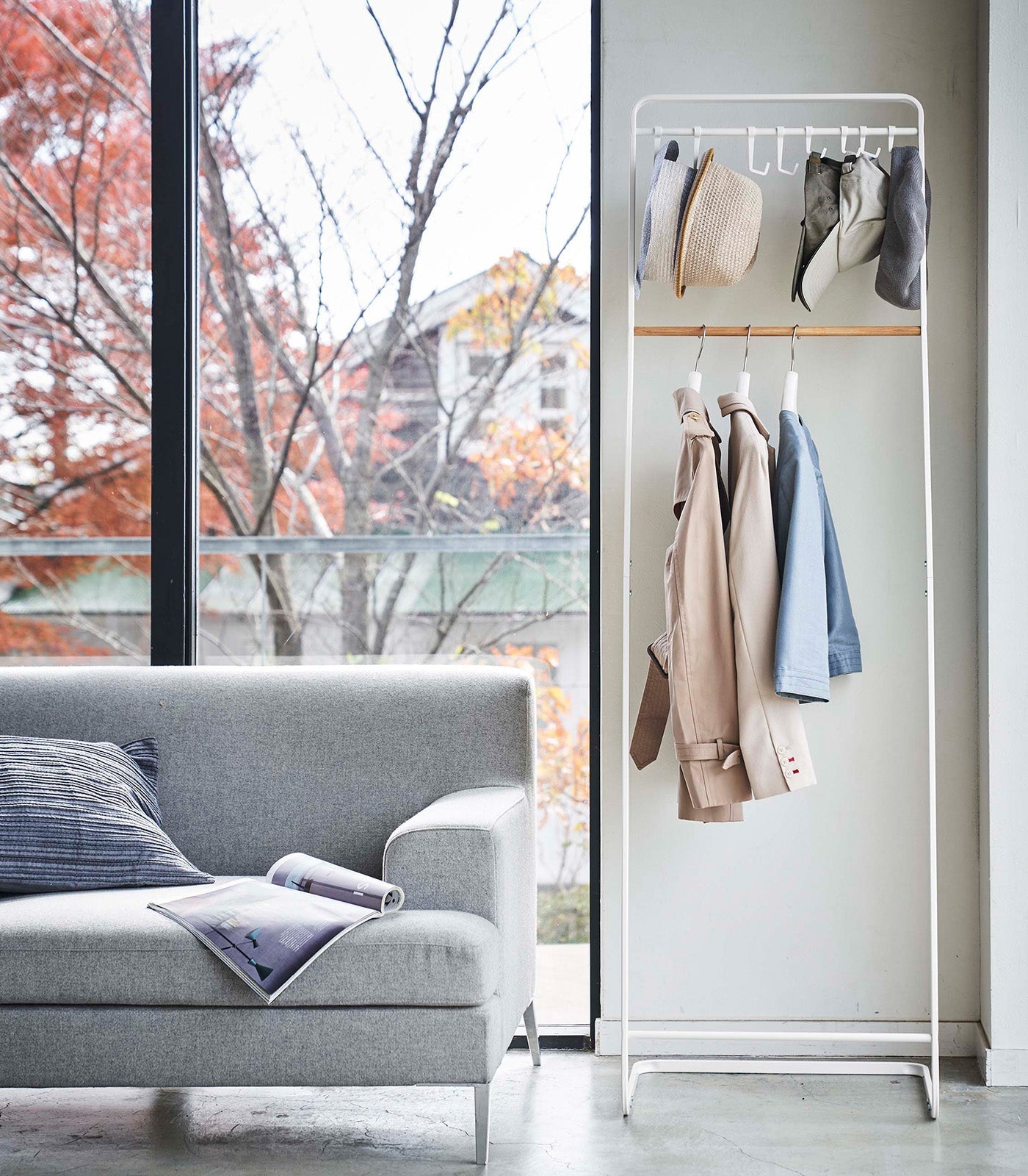 Steel & Wood Coat Rack with Hat Storage, 66" H
