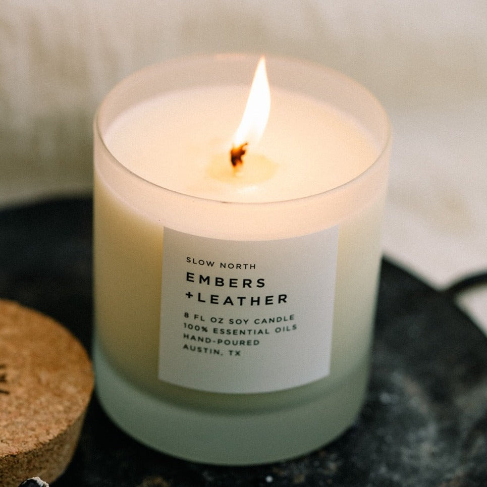 
                      
                        Embers + Leather | Vetiver + Cedar + Patchouli | Frosted Candle, 8 oz
                      
                    