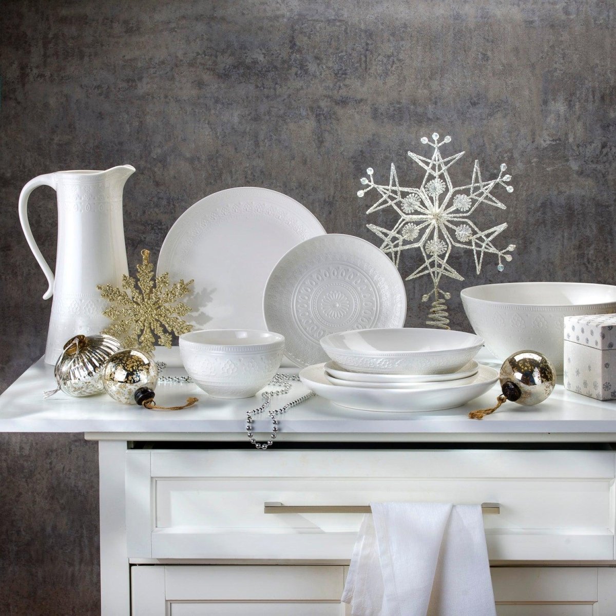 Euro Ceramica Fez Stoneware 16 Piece Dinnerware Set - White Double Bowl Service