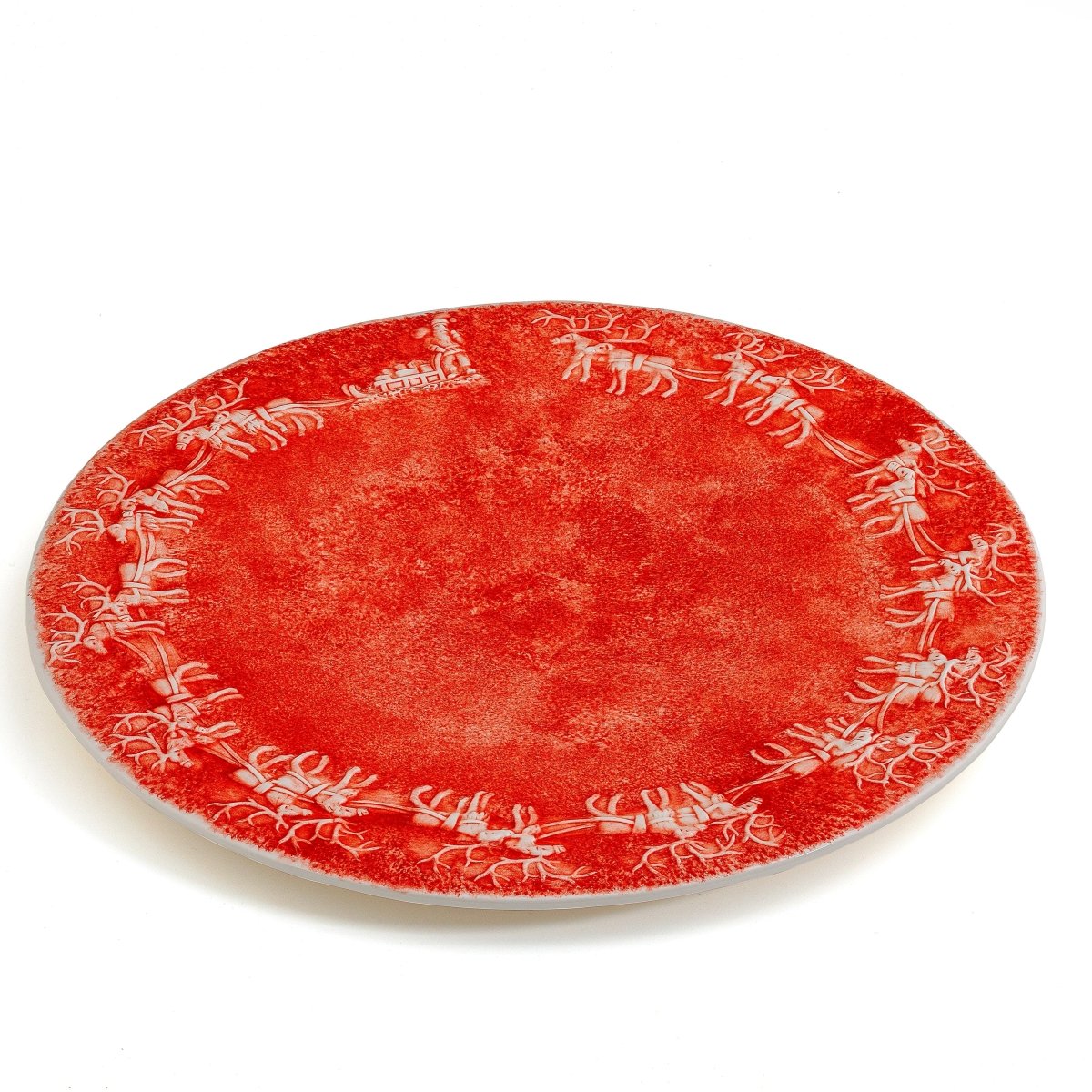 Euro Ceramica Red & White Reindeer Christmas 14.1” Round Serving Platter