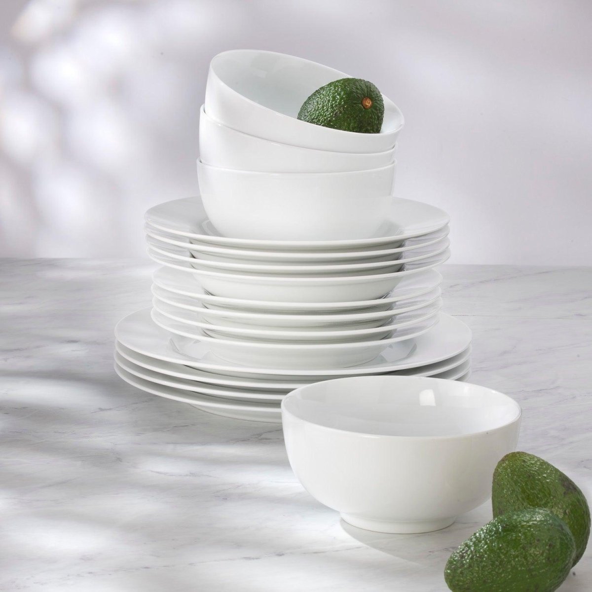 Euro Ceramica White Essential 16 Piece Classic Rim Double Bowl Dinnerware Set