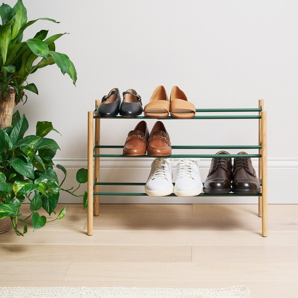 Yamazaki Home Expandable Forest Green Steel Shoe Rack, 18" H - lily & onyx