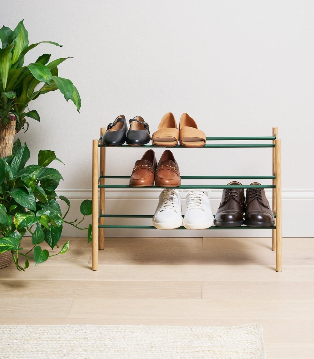 Yamazaki Home Expandable Forest Green Steel Shoe Rack, 18" H - lily & onyx