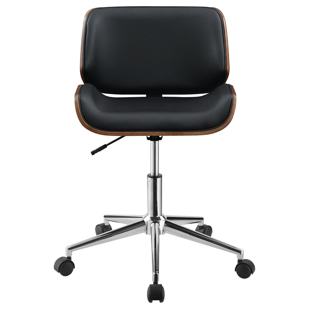 
                      
                        Black Faux Leather and Walnut Swivel Office Chair
                      
                    