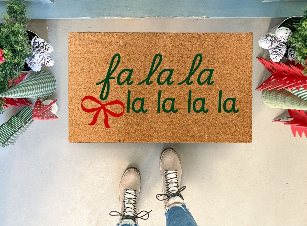 Nickel Designs Custom Doormats Fa La La Christmas Doormat with Ribbon