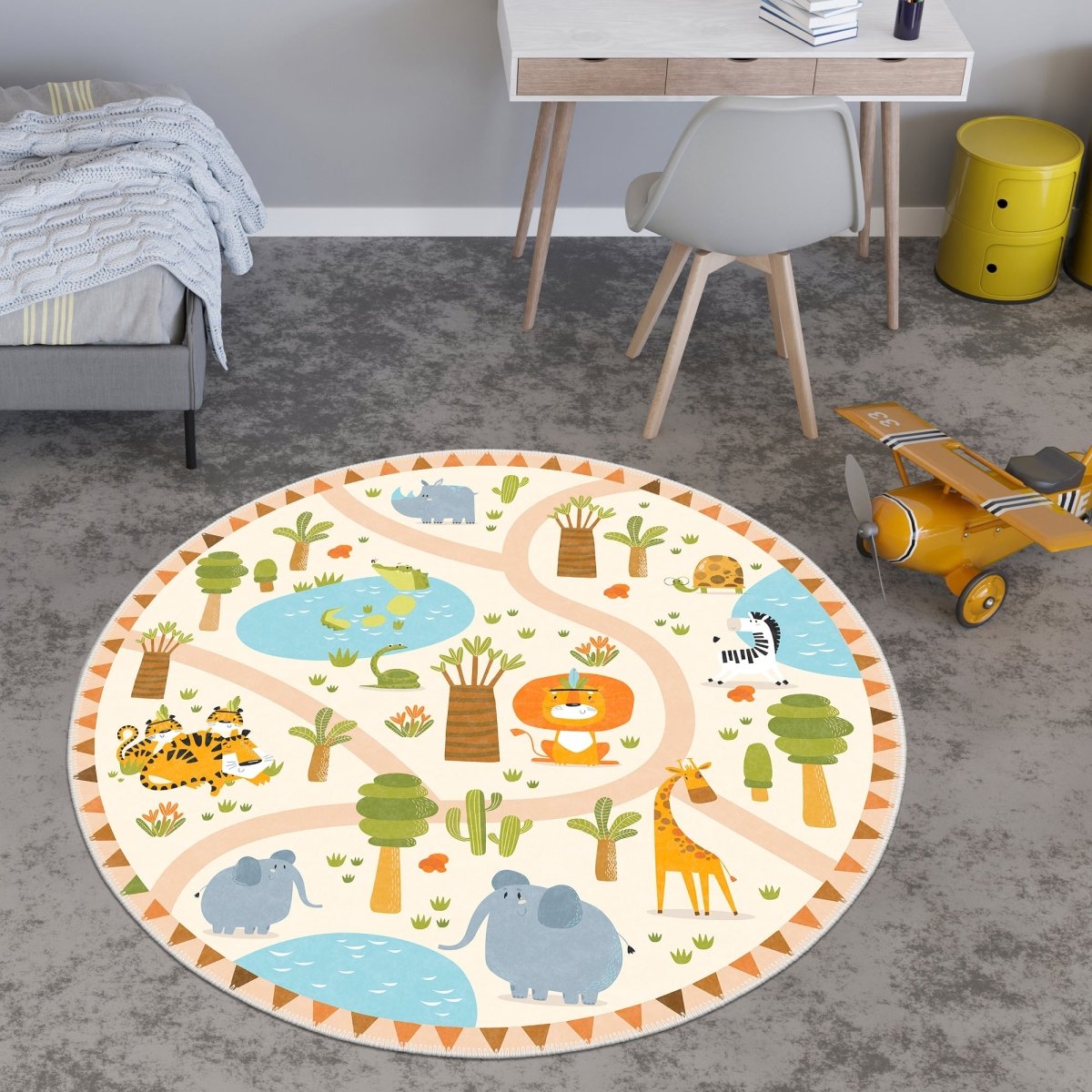 FLASHRUG Kiwi Washable Round Safari Animal Rug