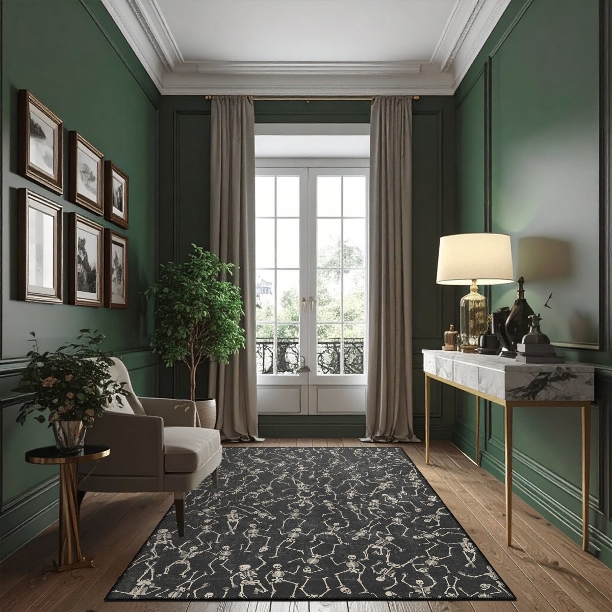 FLASHRUG Siena Washable Dancing Skeleton Halloween Rug | Cream & Charcoal