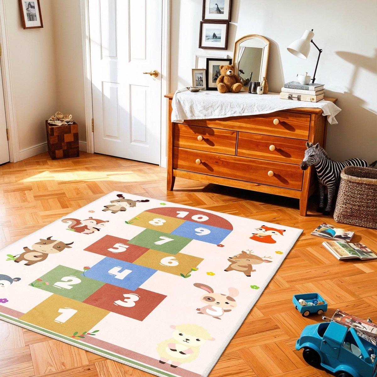 FLASHRUG Vivid Washable Animal Hopscotch Area Rug