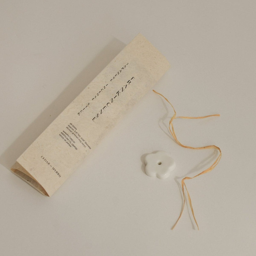 CEDAR AND MYRRH Frankincense Japanese Incense Stick Set with Ceramic Flower Holder - 30 Sticks - lily & onyx