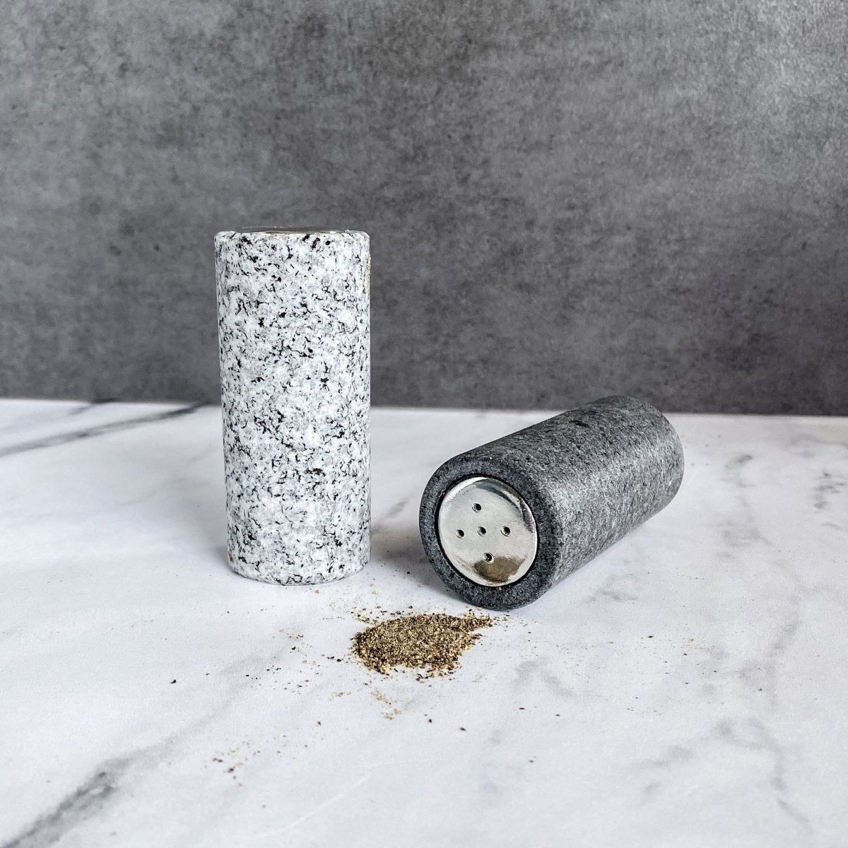 Funky Rock Designs Granite Salt & Pepper Shaker Set | Repurposed Stone with Pewter Tops