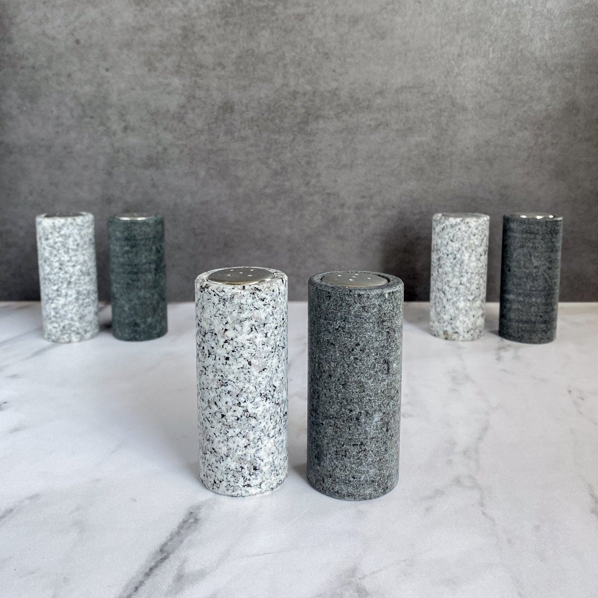 Funky Rock Designs Granite Salt & Pepper Shaker Set | Repurposed Stone with Pewter Tops