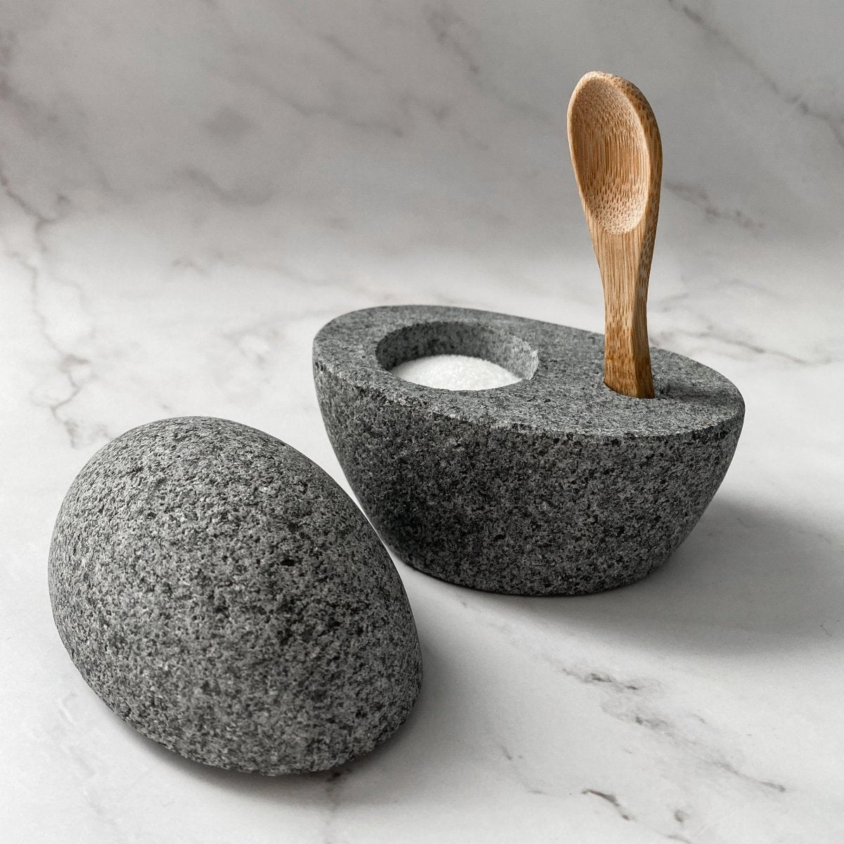 Funky Rock Designs Granite Stone Salt Cellar with Lid & Bamboo Spoon
