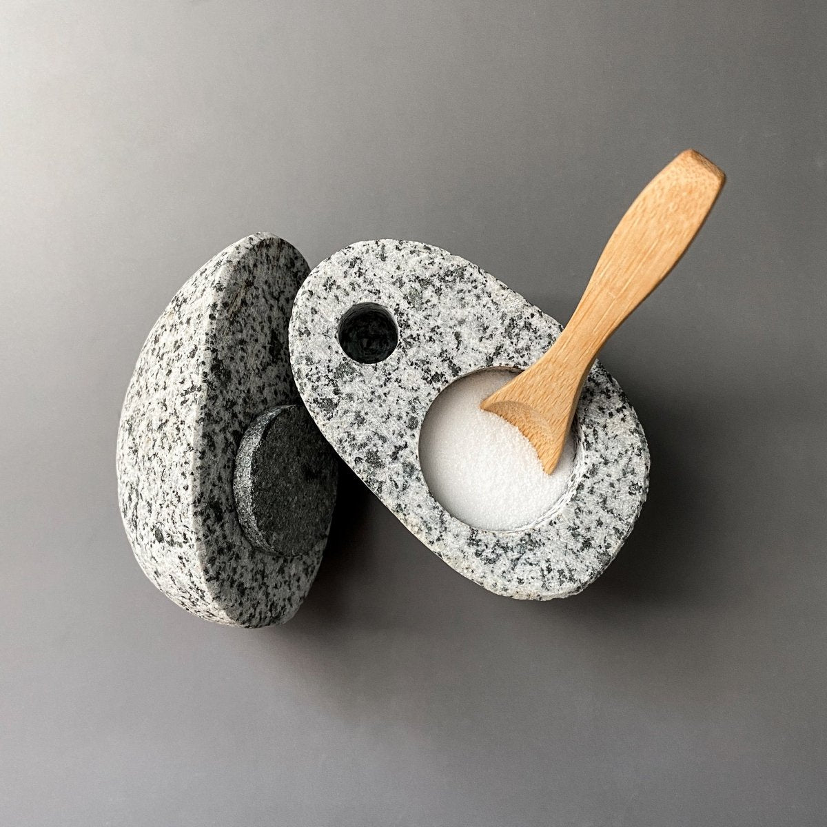 Funky Rock Designs Granite Stone Salt Cellar with Lid & Bamboo Spoon