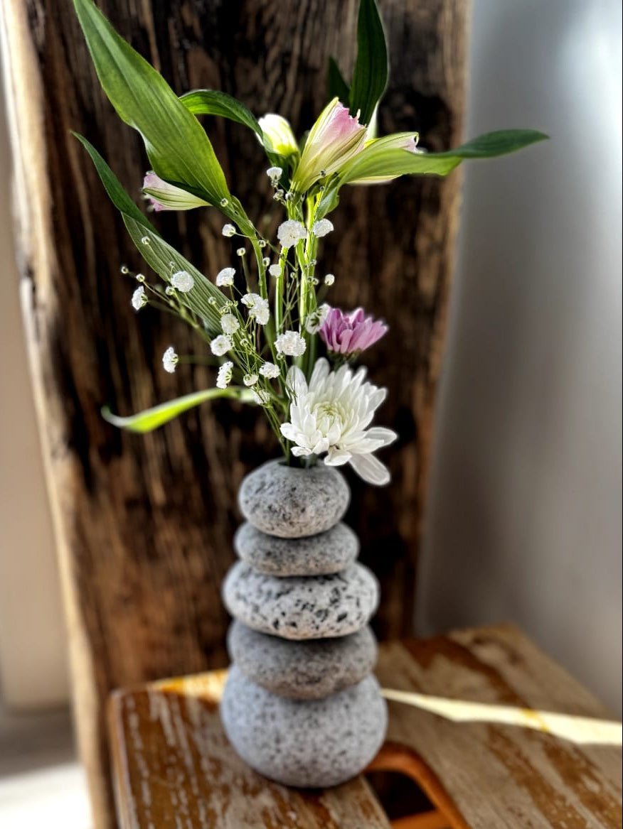 Funky Rock Designs Handcrafted Beach Stone Cairn Vase with Hidden Glass Insert